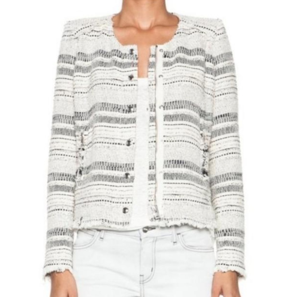 IRO Lizzie White Stripe Tweed Frayed Jacket sz 3 - Picture 4 of 11